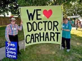 Supporters rally to support Dr. Carhart at a Germantown, Md., clinic